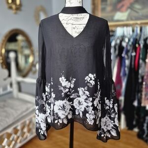 White House Black Market Black Floral Chiffon Bell Sleeve Blouse